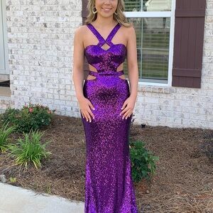 Faviana Purple Sequin Cutout Prom Dress